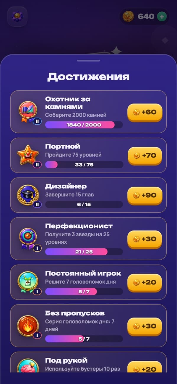 Ленты: достижения со ступенями и наградами в монетах