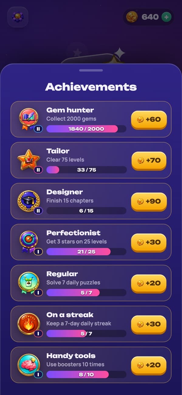 Ribbons: achievements with tiers and coin rewards