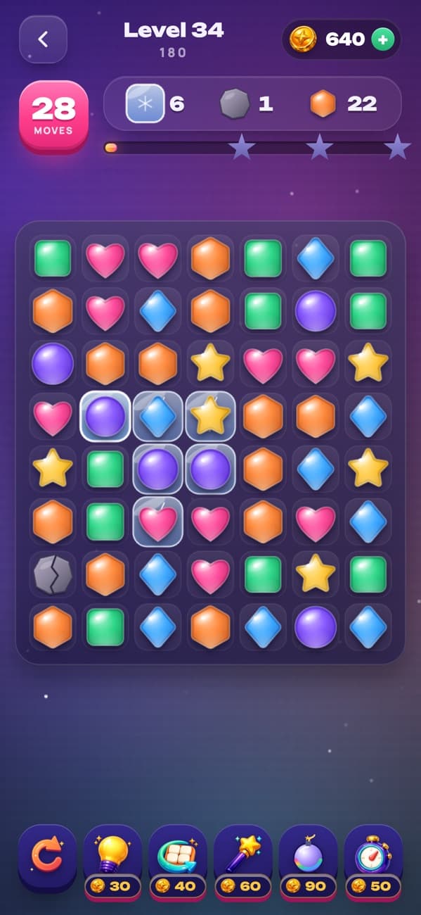 Ribbons: a board of gems with ice, locks and rocks, goals at the top and boosters below