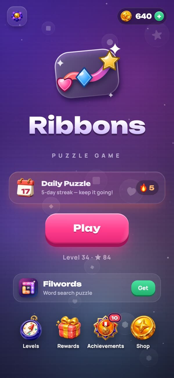 Ribbons: the main menu with the daily puzzle and the winning streak