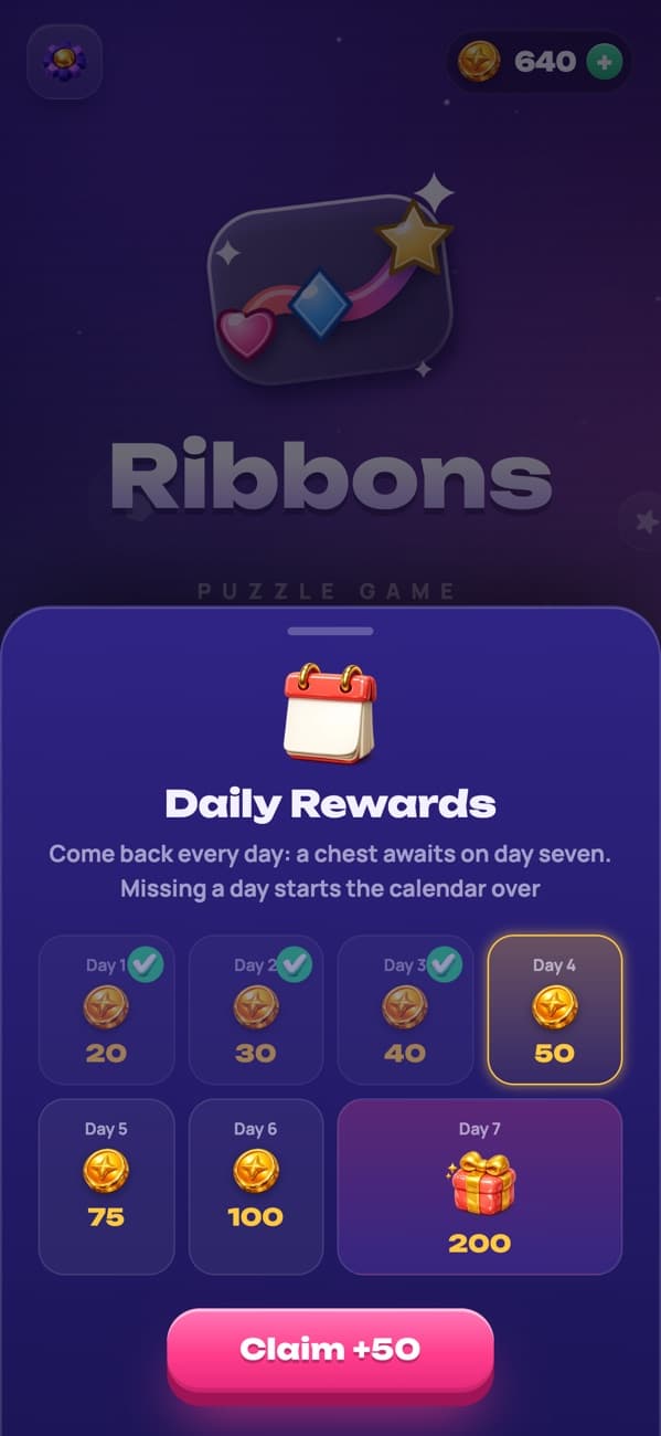 Ribbons: daily rewards and the chest on day seven